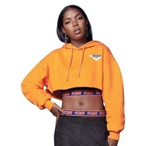 PONY Forever 21 Plus‎ Orange Cropped Hoodie Sweatshirt Logo Graphic